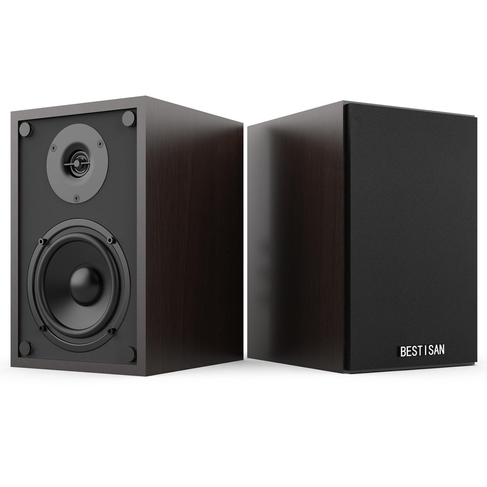 BESTISAN Bluetooth bookshelf speakers with RCA input for flexible listening setups.