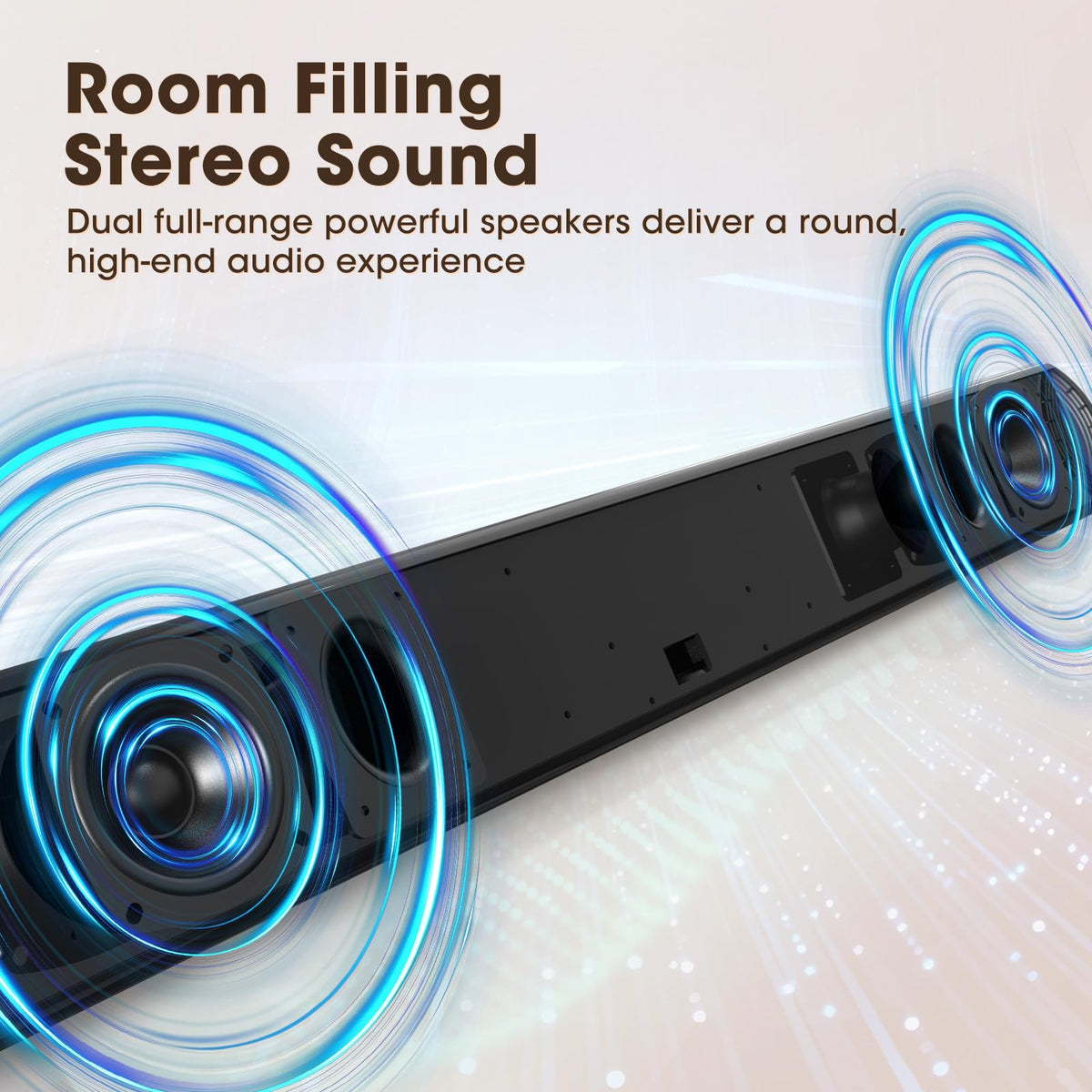 Bestisan soundbar left side panel shows slim profile ideal for shelf placement