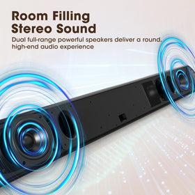 Bestisan soundbar left side panel shows slim profile ideal for shelf placement