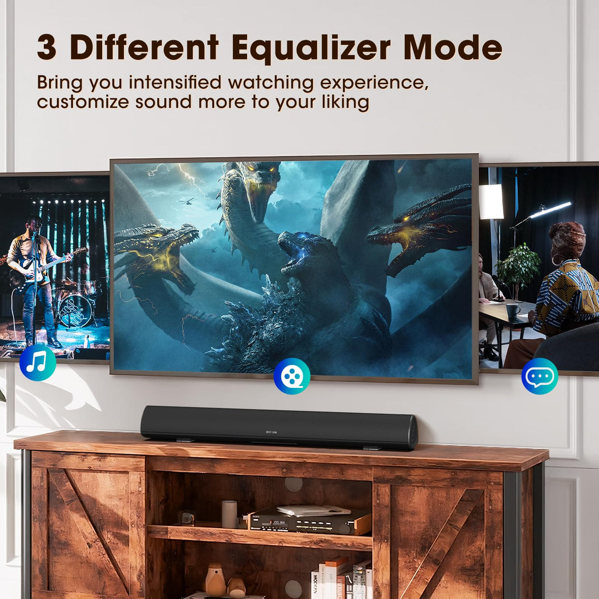 Bestisan soundbar remote control demonstrates quick EQ adjustments and input access