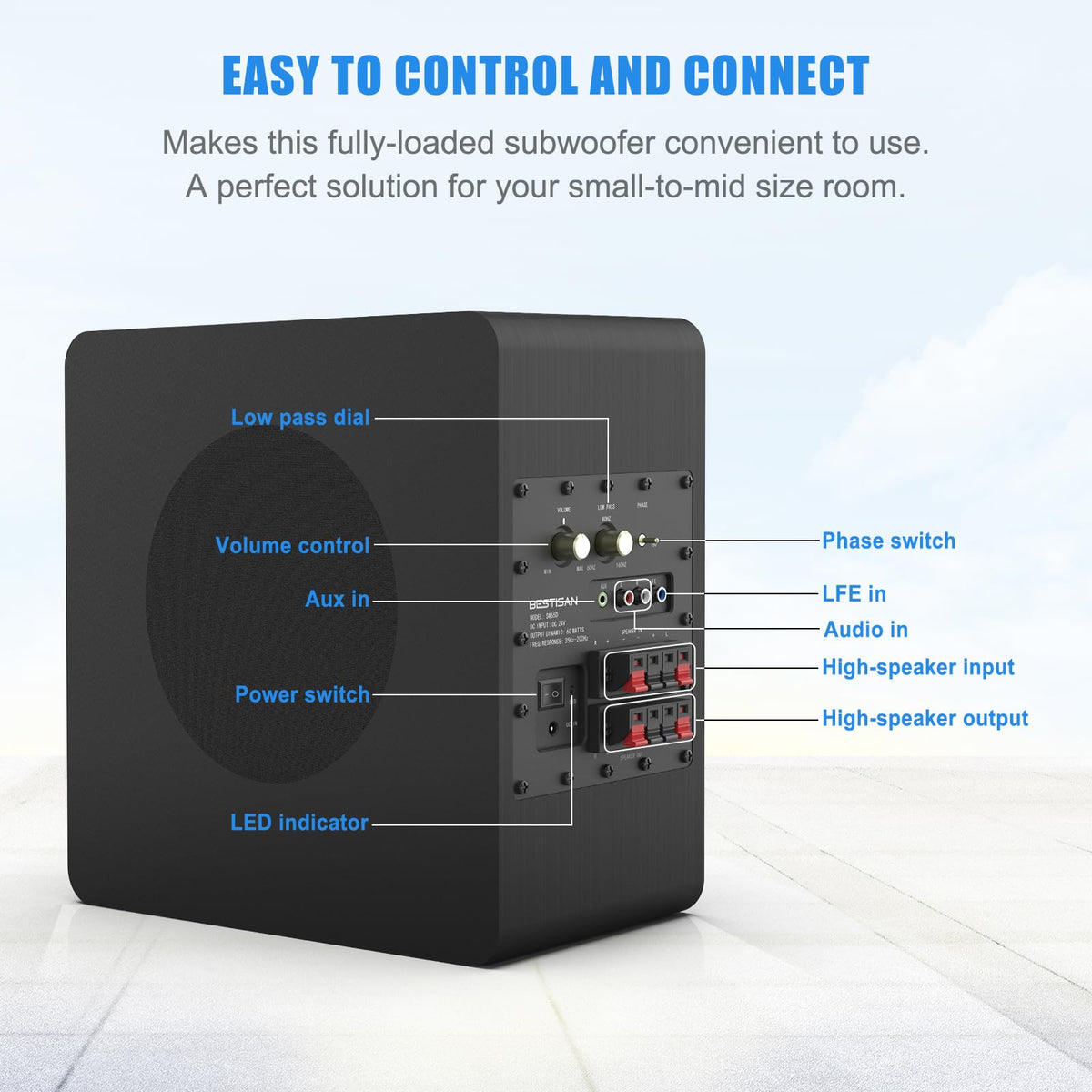 BESTISAN SW65D in-room theater setup boosts movies and games with nuanced bass.