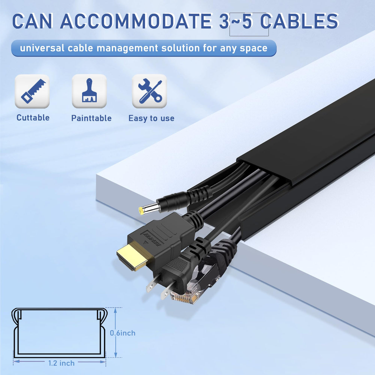 Bestong cable cover wall channel close up shows slim channels for tidy cords.