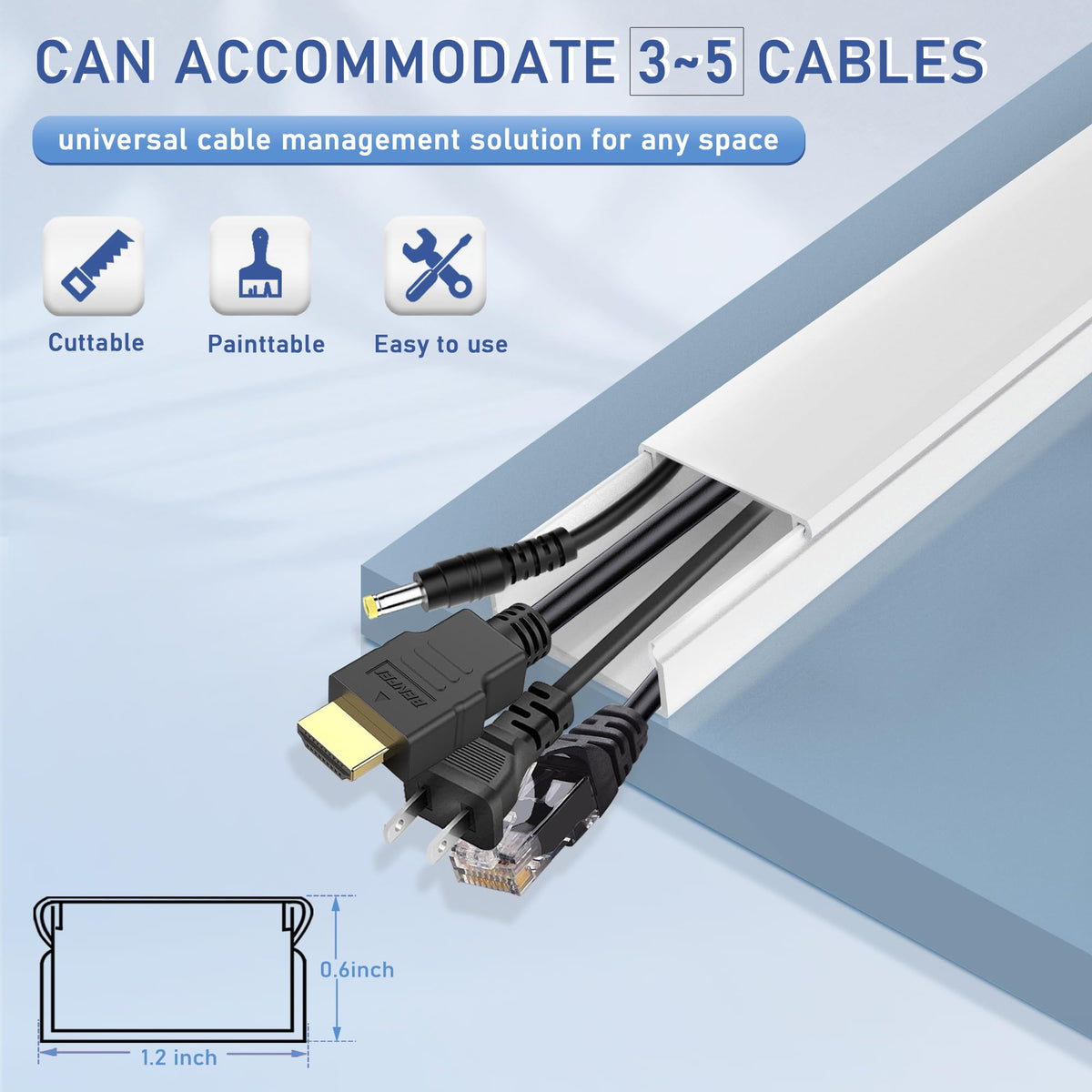 Bestong cable cover wall kit laid out, illustrating even cable management across 157-inch channel.