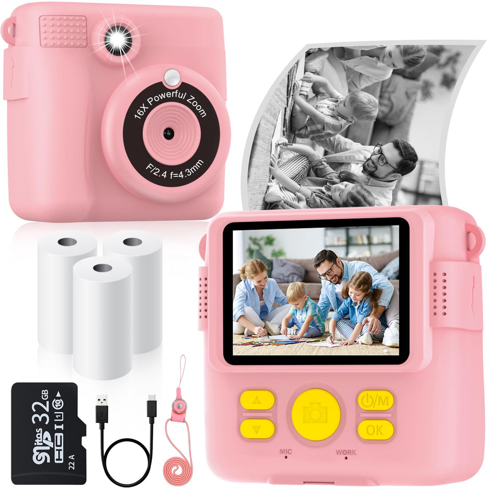 BESTOONE instant print camera for kids, pink front view, easy on-the-go memories