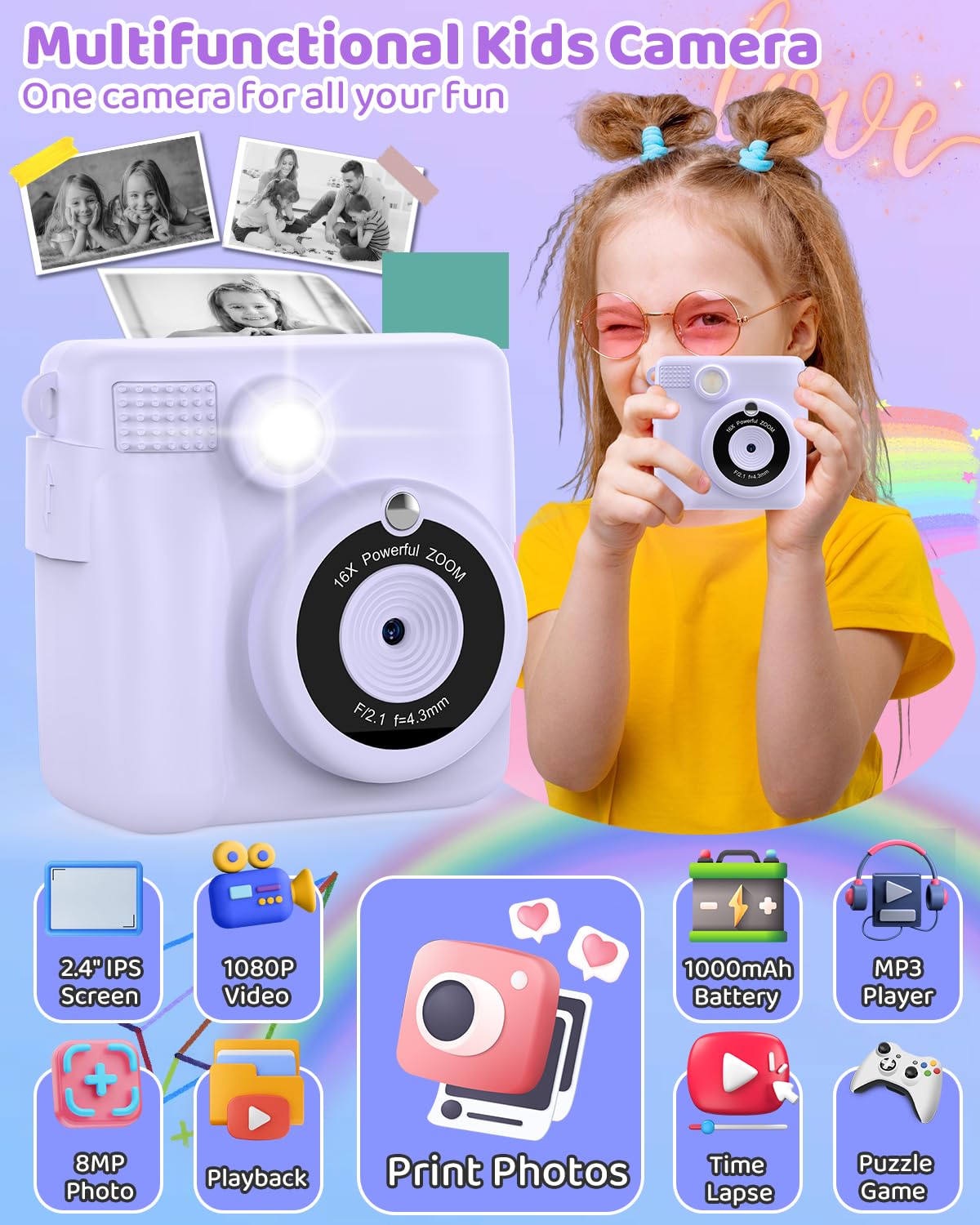 BESTOONE instant print camera for kids, purple side buttons enable easy quick shots.