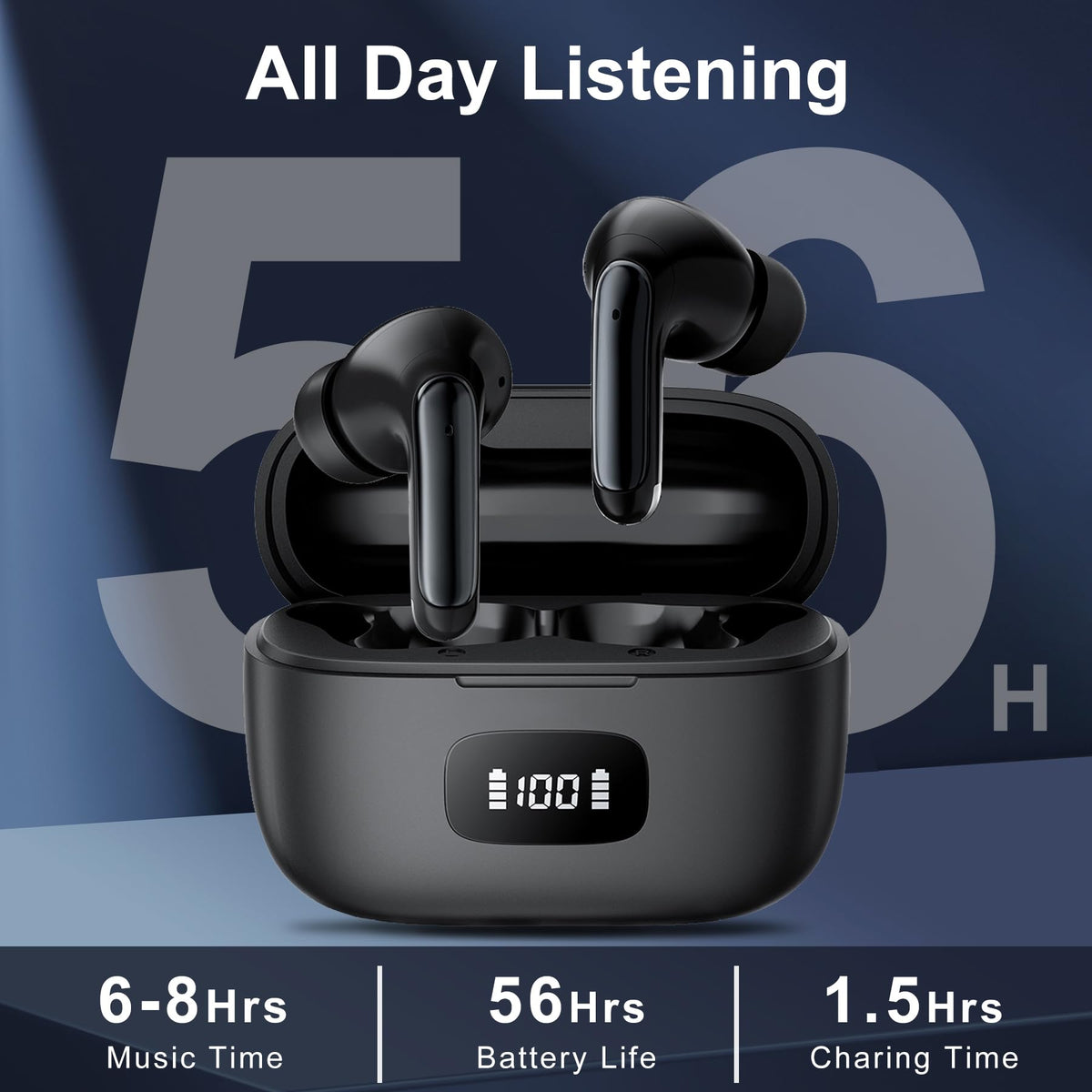 BESTTAB open charging case displaying earbuds and long 56-hour battery benefit