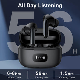BESTTAB open charging case displaying earbuds and long 56-hour battery benefit