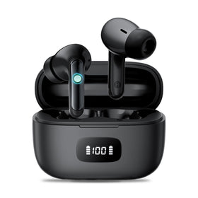 BESTTAB front view of earbuds and case showing compact design and portability benefit