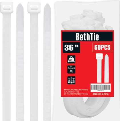 BethTie front packaging view showing 36-inch ties and 60 count benefit