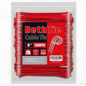 BethTie front pack view showing 2500 red zip ties and clear labeling for bulk supply