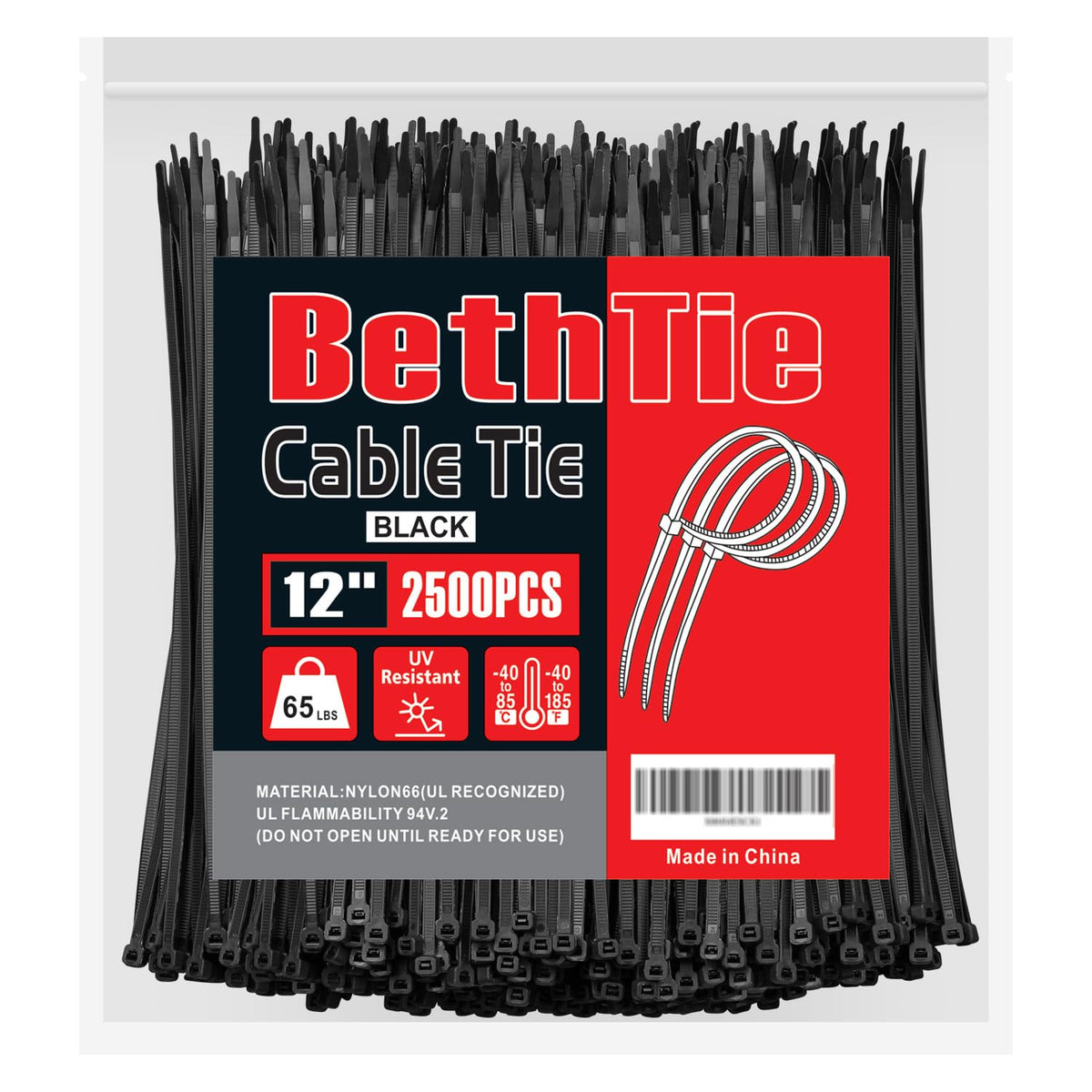 BethTie front packaging showing 12-inch 2500-pack and clear labeling for bulk supply
