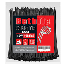 BethTie front packaging showing 12-inch 2500-pack and clear labeling for bulk supply
