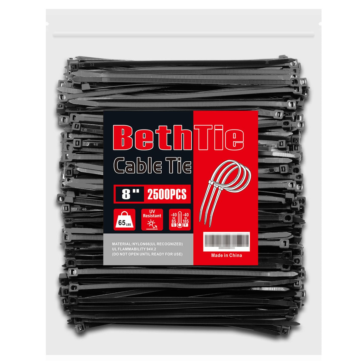 BethTie front packaging showing 2500 black 8-inch zip ties and pack label for bulk savings