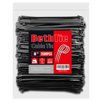 BethTie front packaging showing 2500 black 8-inch zip ties and pack label for bulk savings