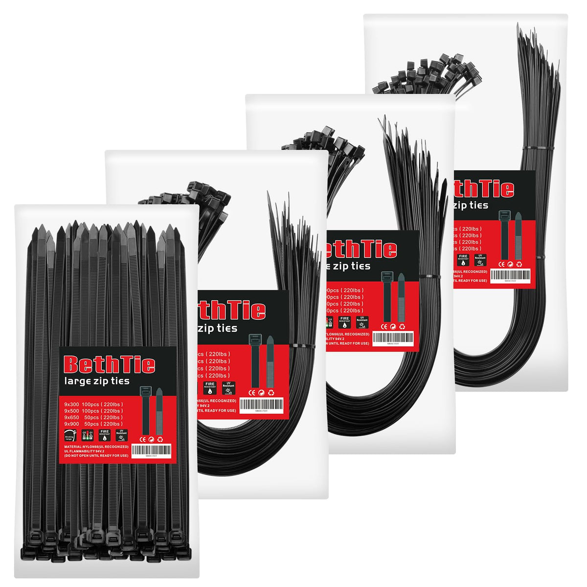 BethTie front packaging showing mixed sizes and counts for quick selection