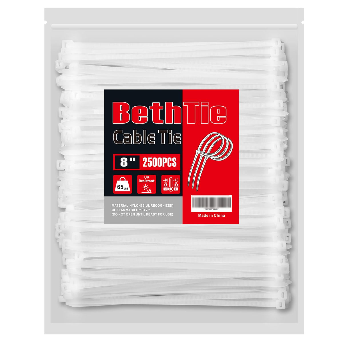 BethTie front packaging showing 2500 pack and benefits