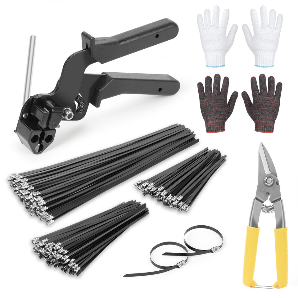 BethTie kit front view showing gun and 300 black metal ties, durable fastening solution