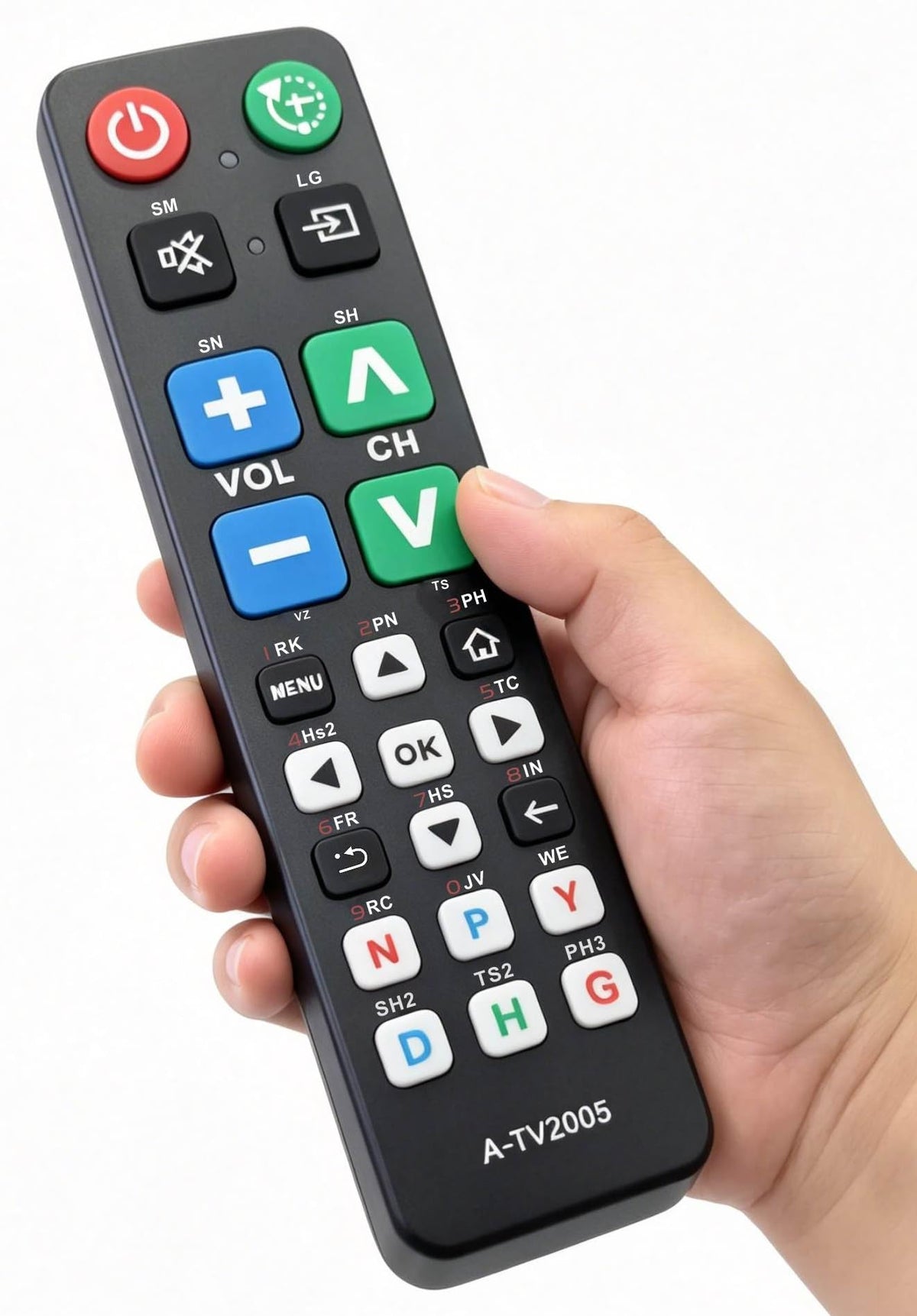 Betterqualityremote big-button remote front view aids seniors with clear controls.
