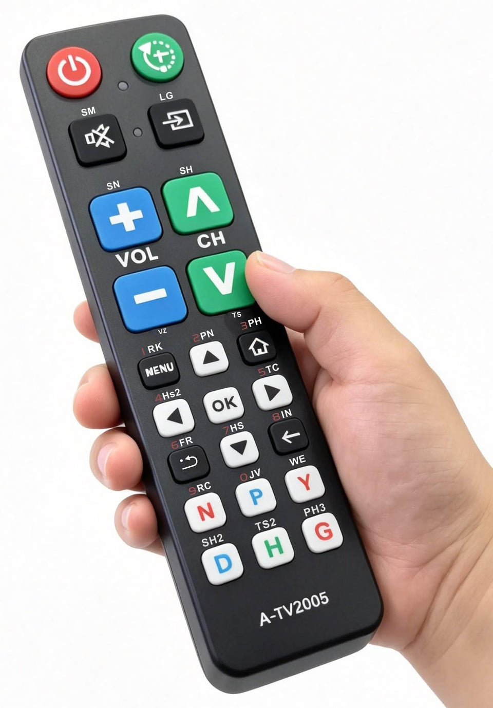 Betterqualityremote big-button remote front view aids seniors with clear controls.