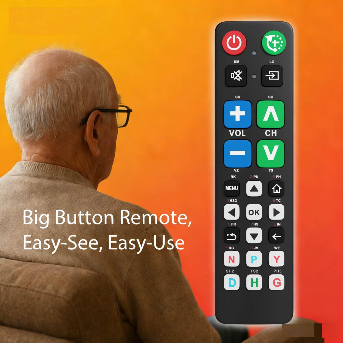 Betterqualityremote senior-friendly design close-up highlights oversized keys for easy navigation.