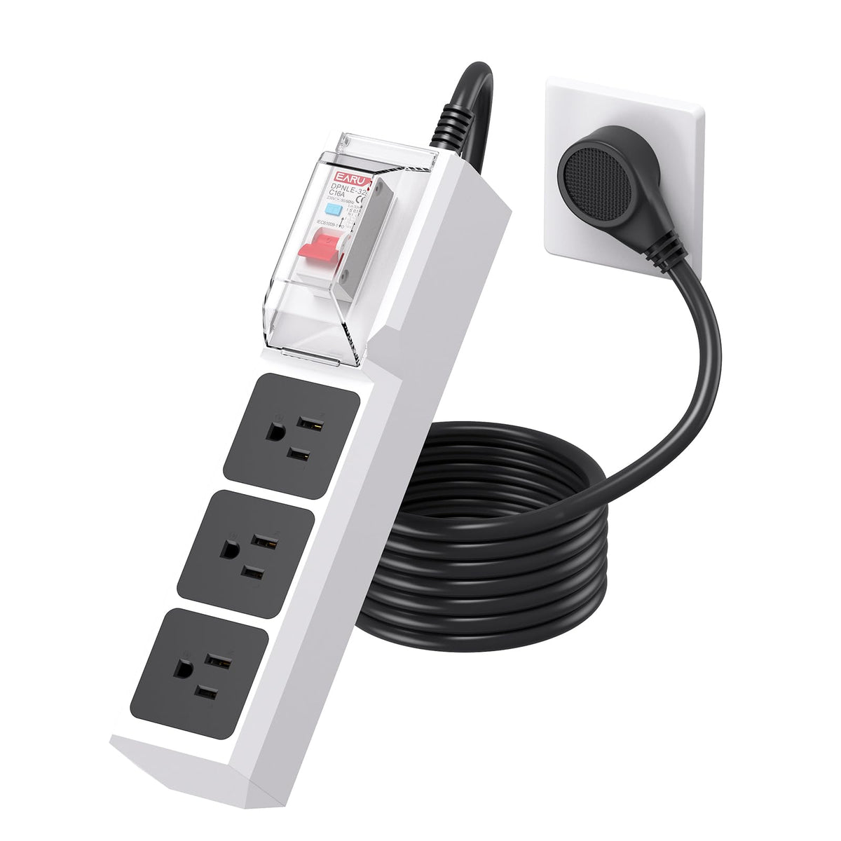BEVA front view of power strip shows three outlets and GFCI protection, improves workshop safety