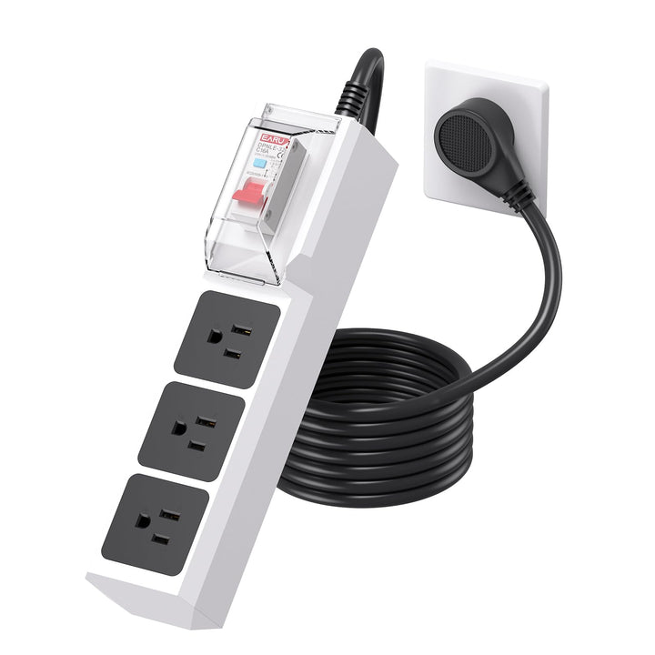BEVA front view of power strip shows three outlets and GFCI protection, improves workshop safety