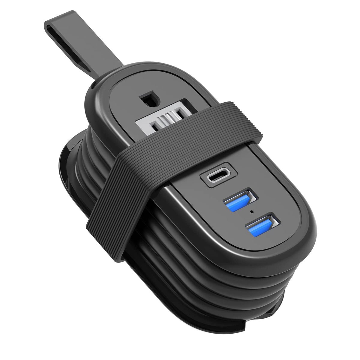 BEVA front view showing two AC outlets and three USB ports for versatile charging
