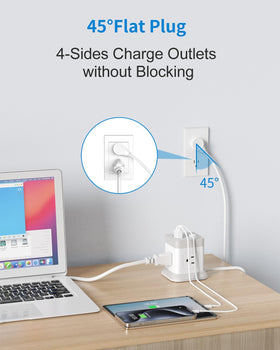 BEVA cube with flat plug reaches tight spaces and keeps cords neat