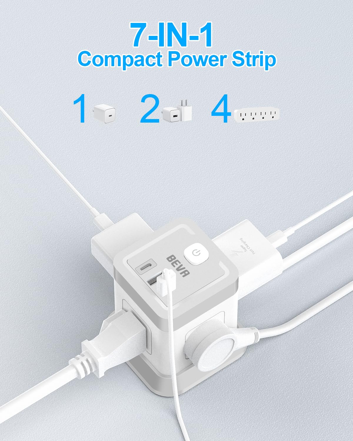 BEVA power strip cube side view with angled outlets for easy access