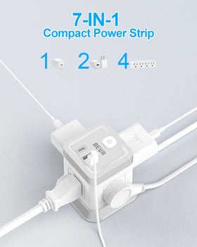 BEVA power strip cube side view with angled outlets for easy access