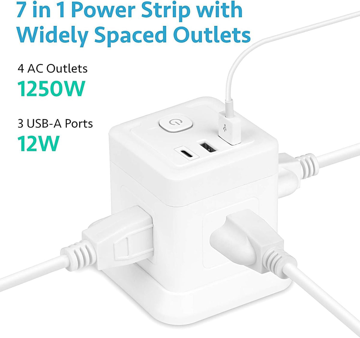 BEVA Power Strip USB 5ft extension with 45-degree flat plug reaches tight spaces