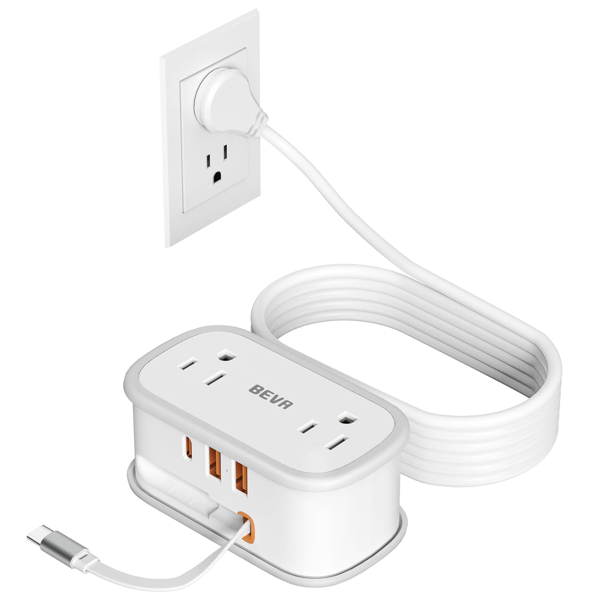 BEVA Travel Power Strip with flat plug highlights compact design for bags and hotels.