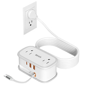 BEVA Travel Power Strip with flat plug highlights compact design for bags and hotels.