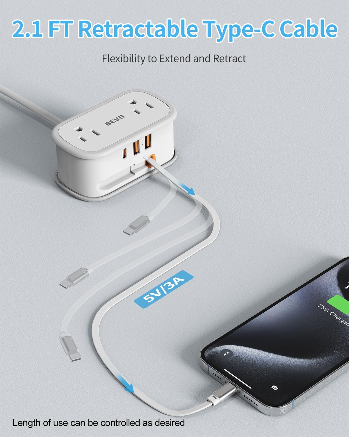 BEVA Travel Power Strip with retractable USB-C cable enables tangle-free charging on the go.