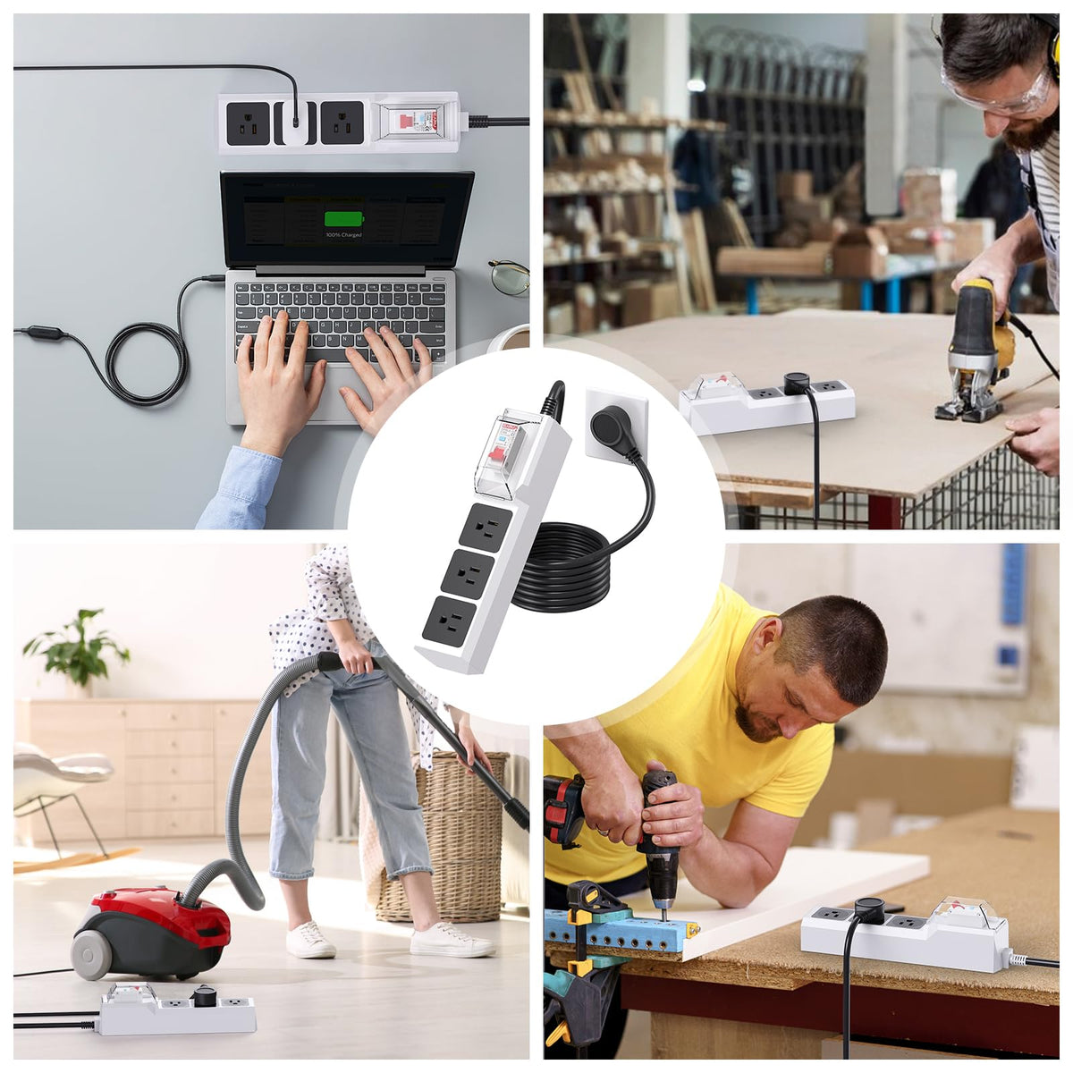 BEVA power strip on workshop bench powering tools for safer project work