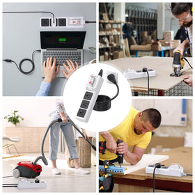 BEVA power strip on workshop bench powering tools for safer project work
