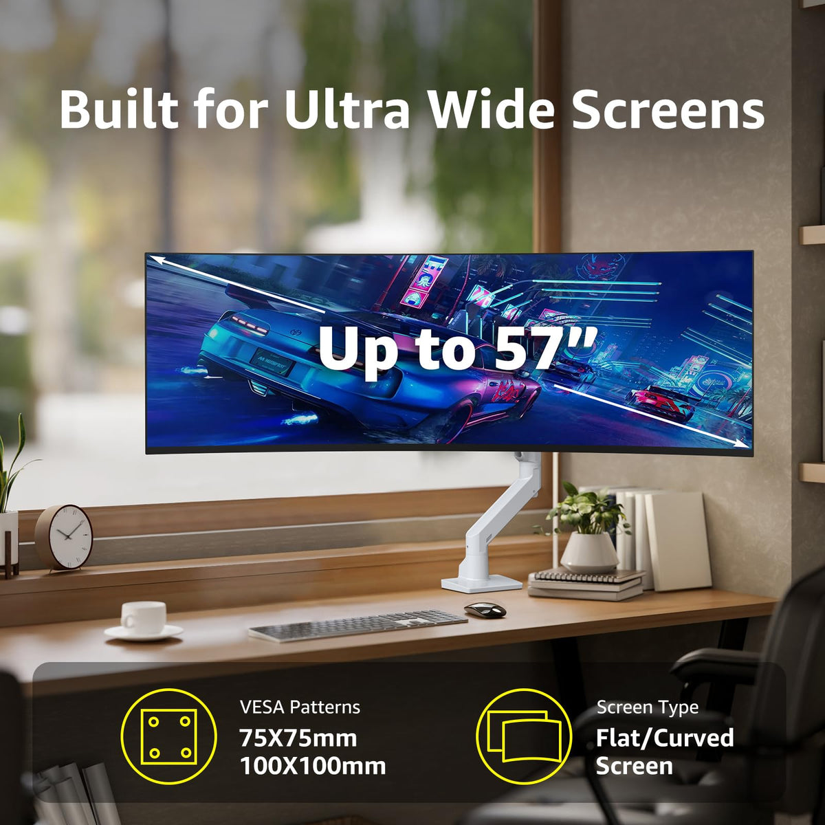 BEWISER heavy-duty monitor arm supports Ultra 57-inch monitors for immersive setups.