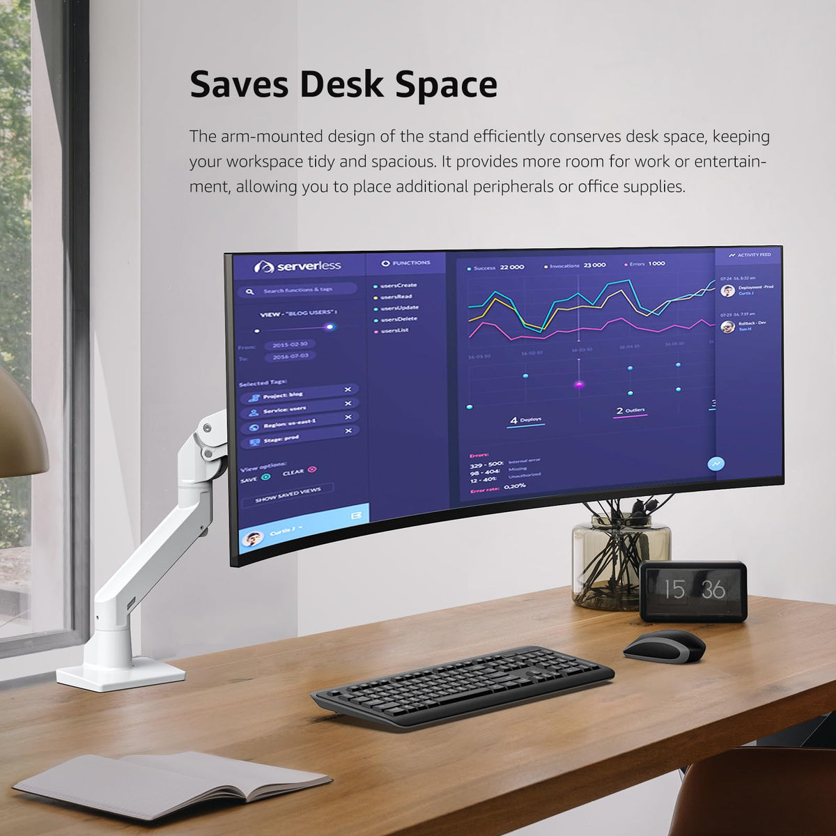 BEWISER full-motion monitor arm with tilt, swivel, and rotation for flexible viewing.