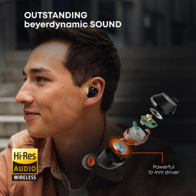 Beyerdynamic Amiron 300 left earbud close-up showing lightweight fit.