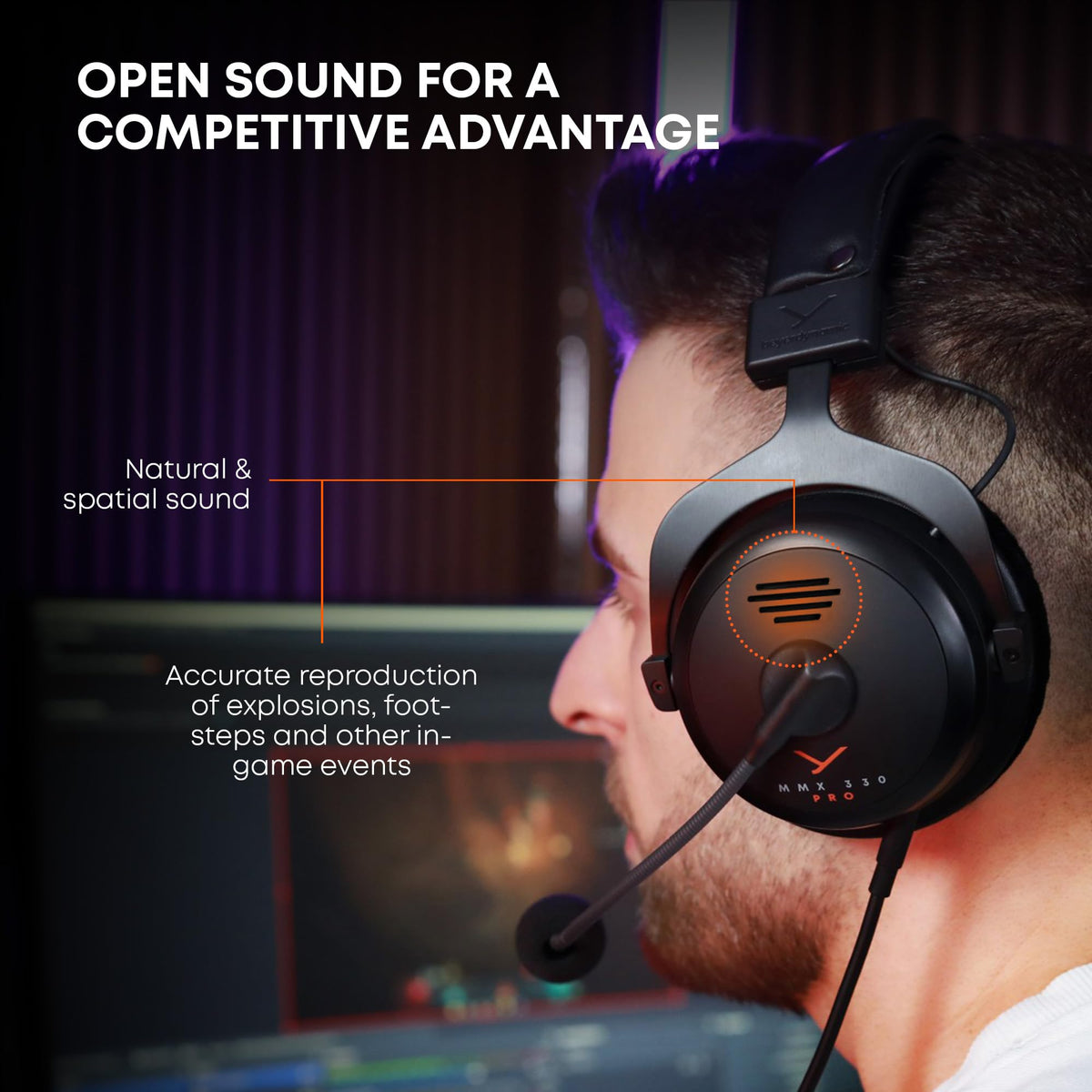 Beyerdynamic MMX 330 Pro condenser microphone captures clear voice for team chats.