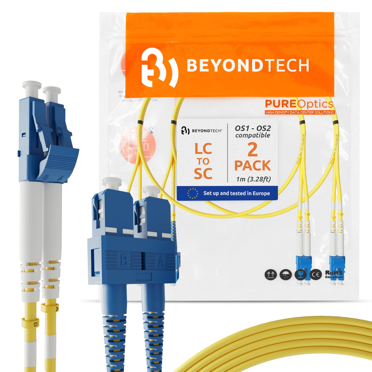 BEYONDTECH LC to SC duplex patch cable two-pack connectors close-up for reliable data links.