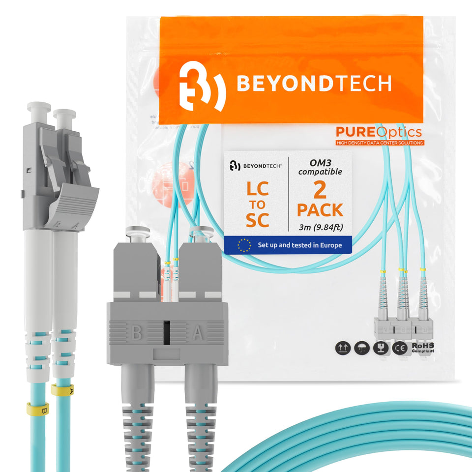 BEYONDTECH LC to SC duplex fiber patch cable in a two-pack for multimode networks