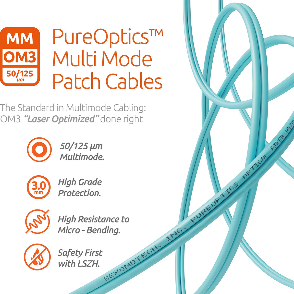 Beyondtech OM3 LC-LC patch cable installed in equipment rack.