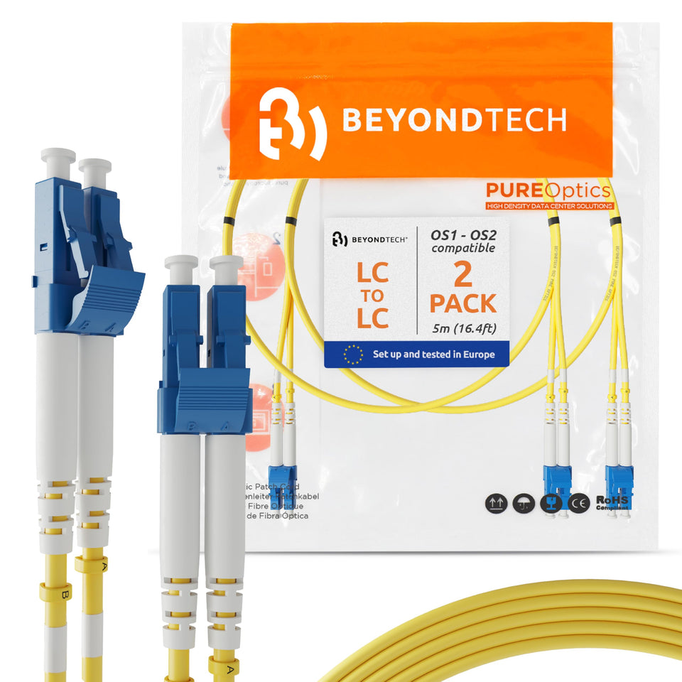 BEYONDTECH PureOptics 5m LC-LC patch cable two-pack enables reliable high-speed connections.
