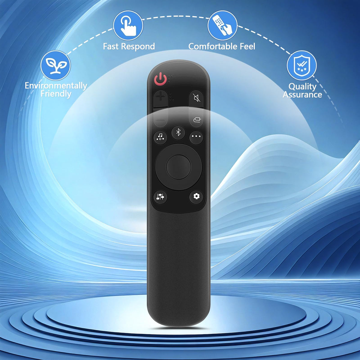 Beyution remote held in hand demonstrating compact size and ergonomic grip