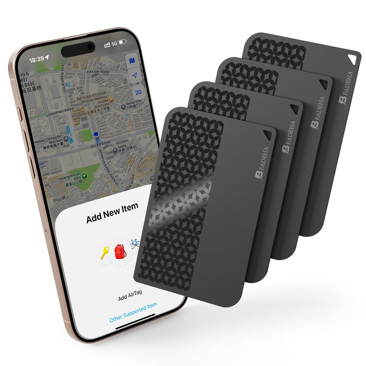BFADEHA front view showing branding and compact tracker card, enabling quick identification.