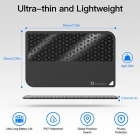 BFADEHA beside a credit card for scale, illustrating thin profile and easy wallet fit.