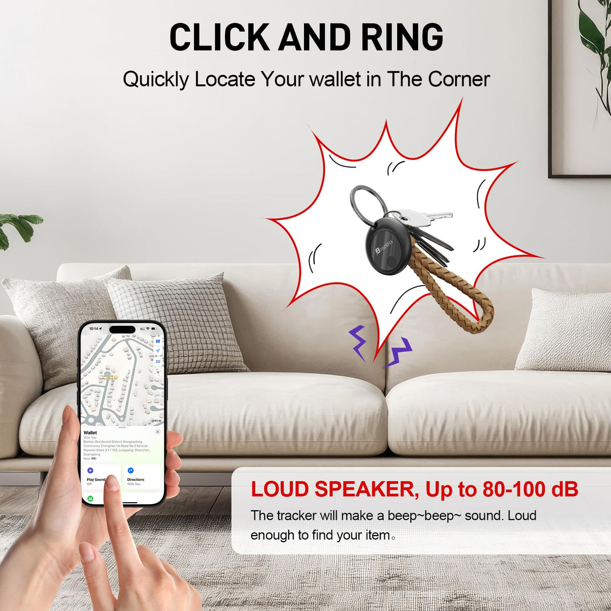 BFADEHA attached to keys demonstrating quick finding and audible alert