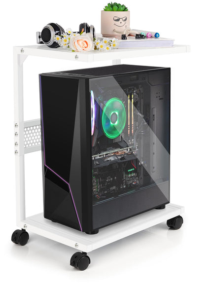Bfttlity front view of white PC stand showing neat storage and stability