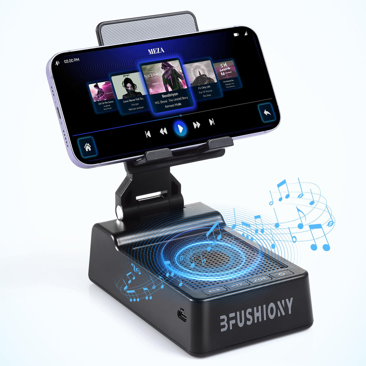 BFUSHIONY 4-in-1 phone stand with speaker, folded for compact travel.